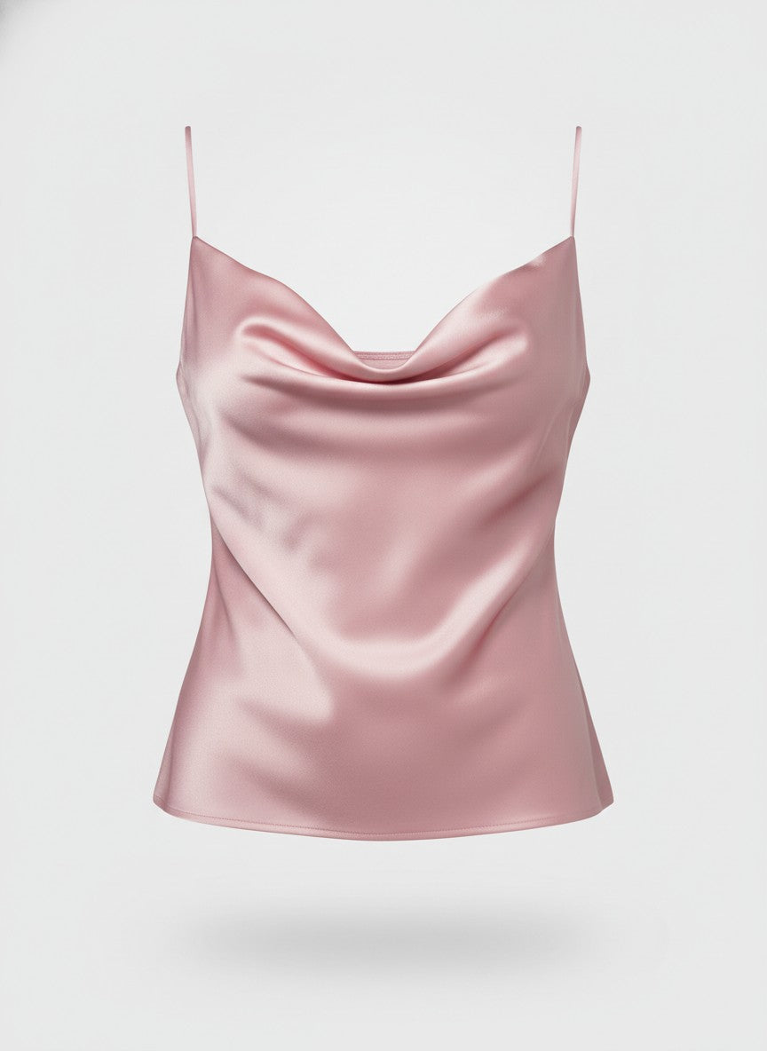Women's Pink Satin Cowl Neck Top
