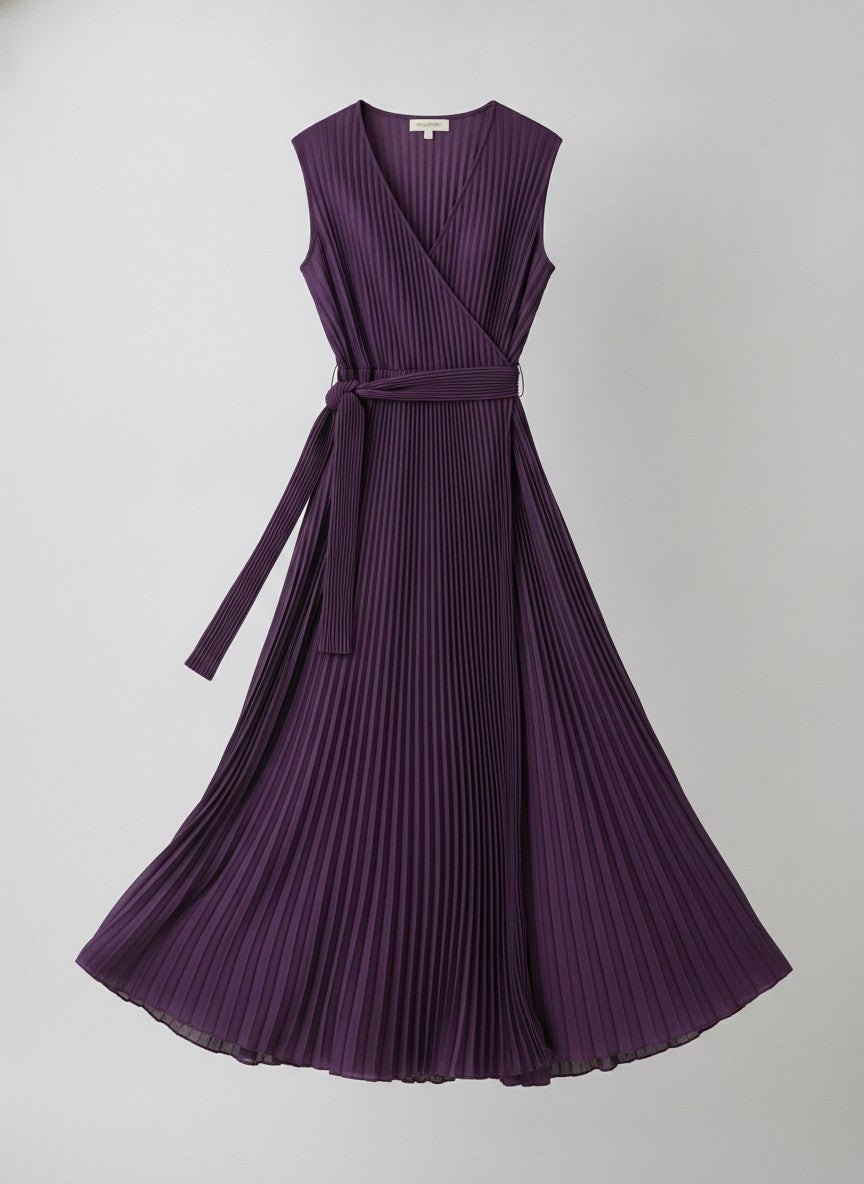 Women's Purple Pleated Wrap Midi Dress