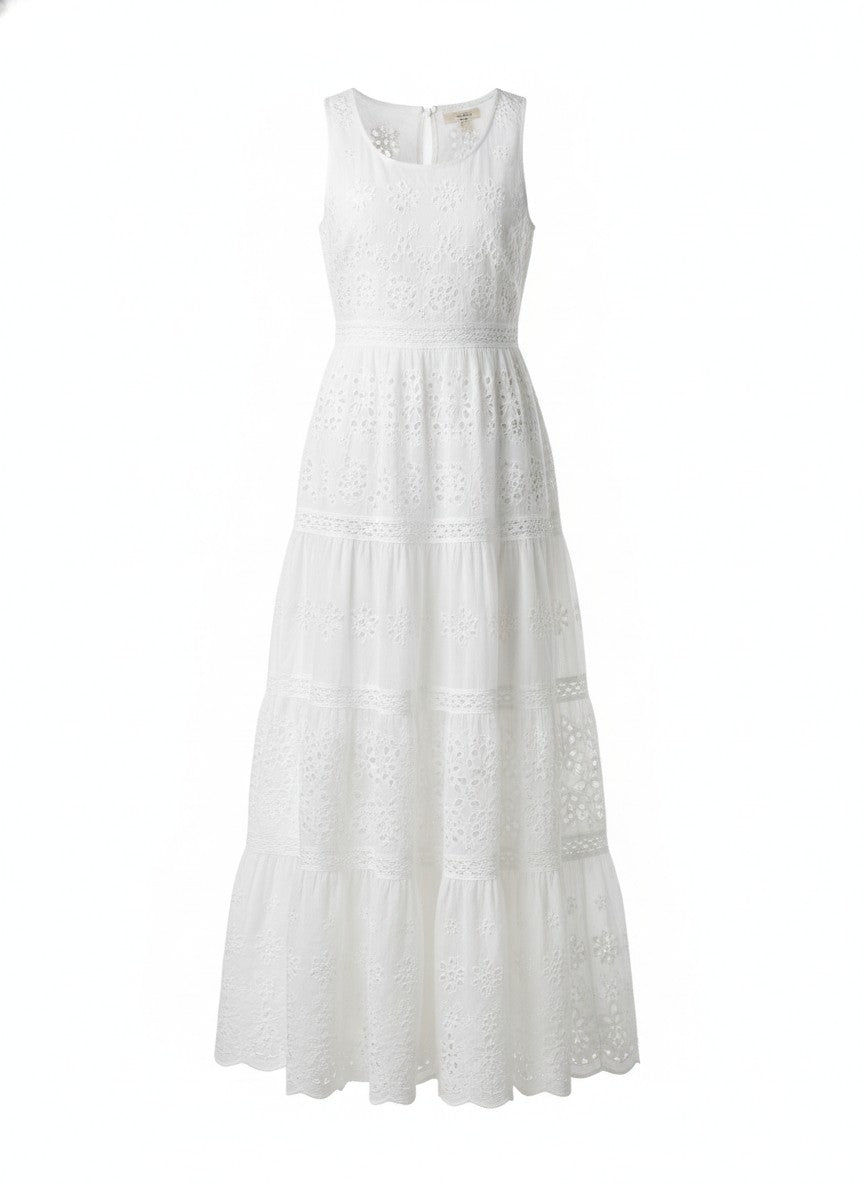 Women's White Tiered Eyelet Maxi Dress