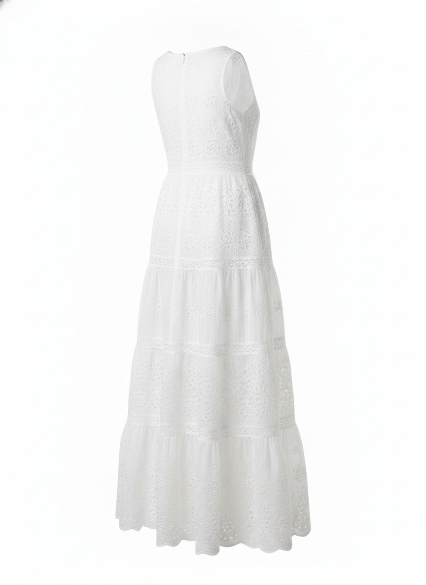 Women's White Tiered Eyelet Maxi Dress