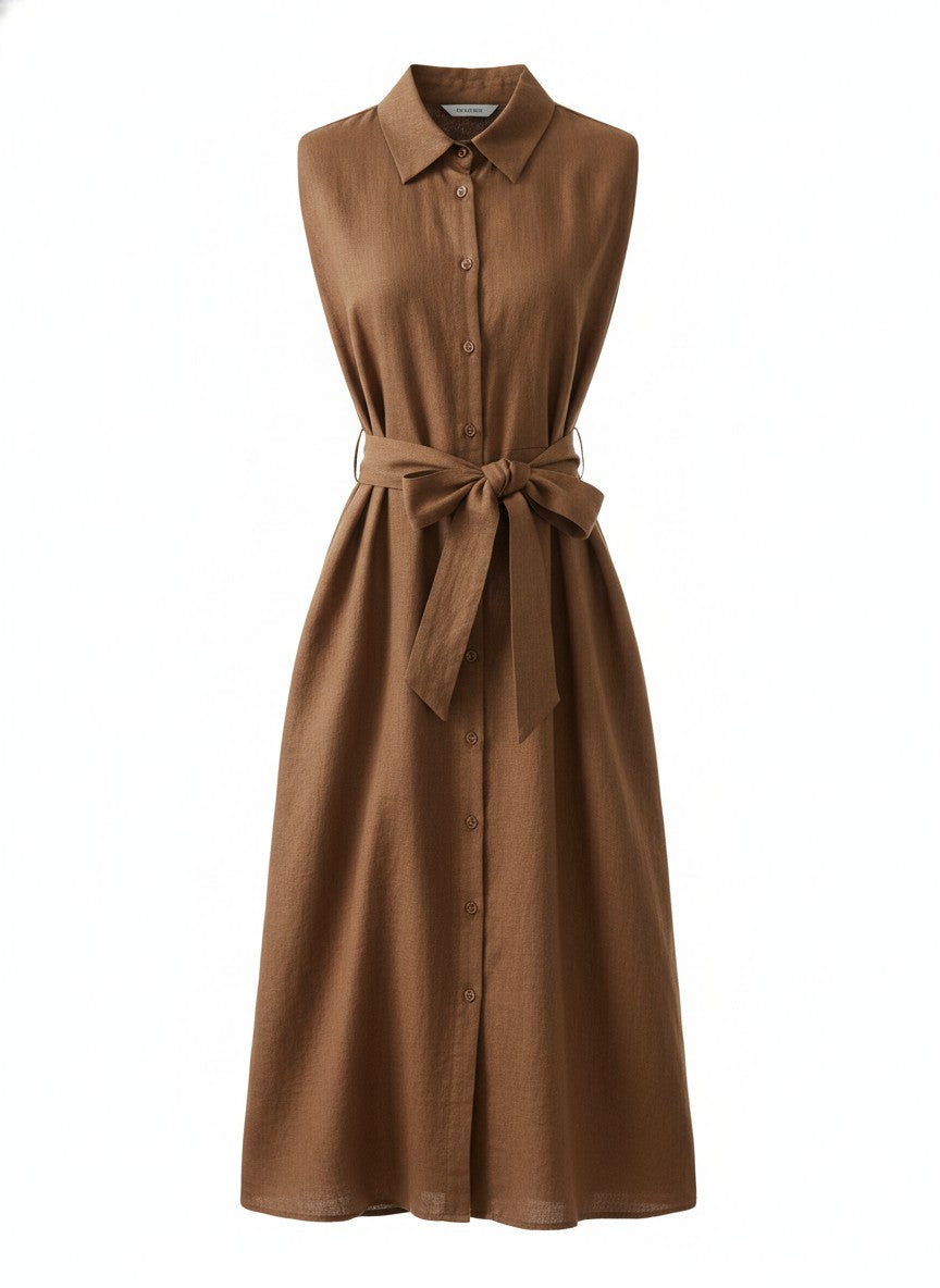 Women's Brown Belted Shirt Midi Dress
