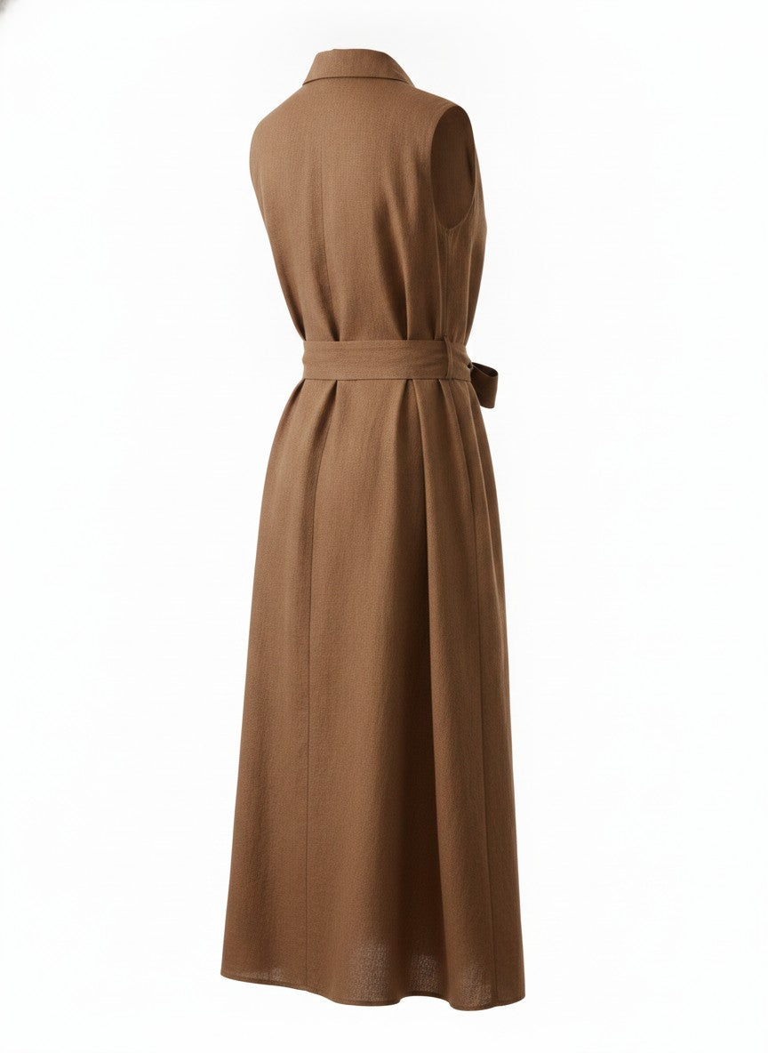 Women's Brown Belted Shirt Midi Dress