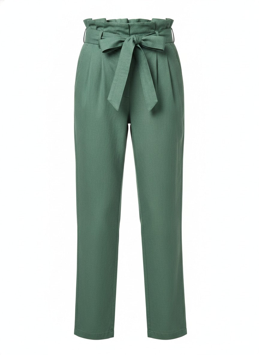 Women's Green Paperbag Waist Belted Pants