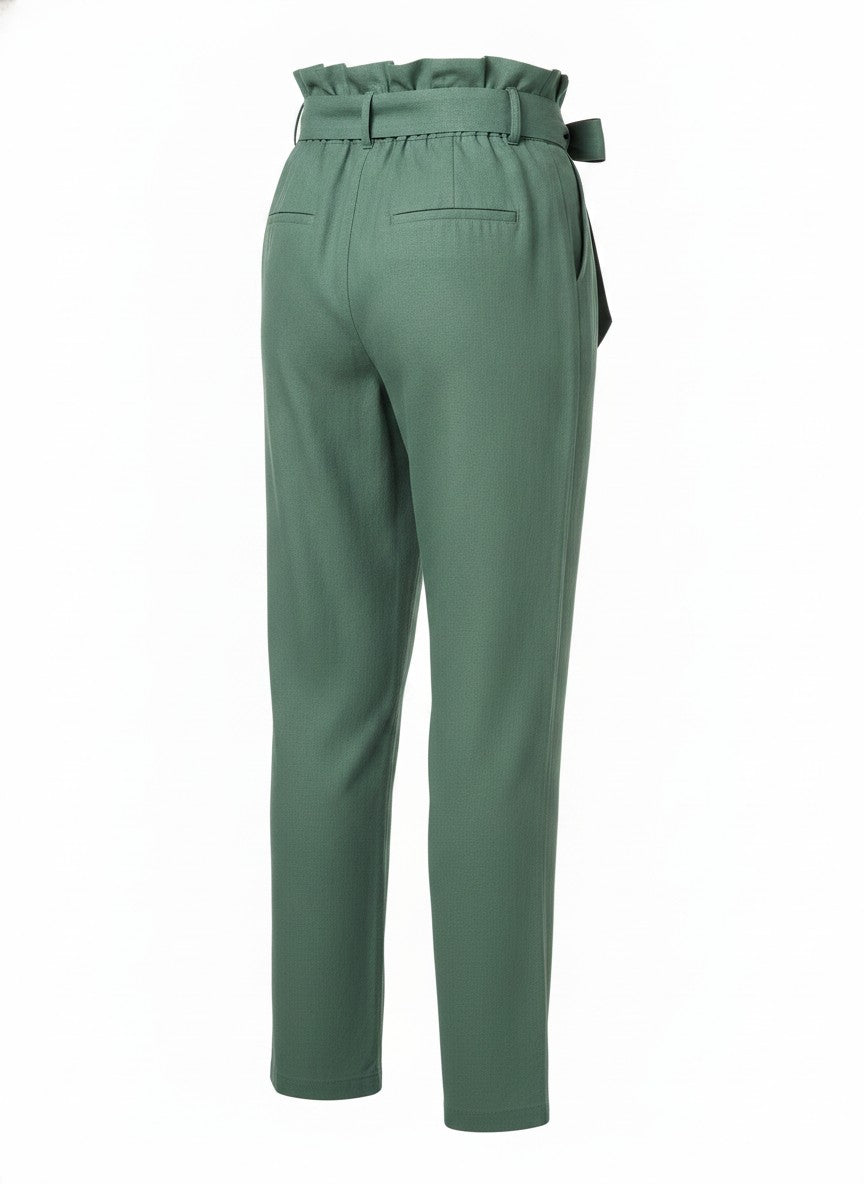 Women's Green Paperbag Waist Belted Pants