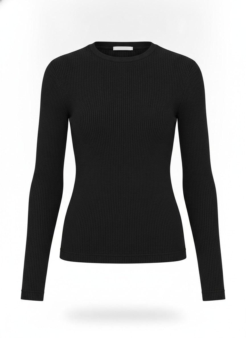 Women's Black Ribbed Knit Long Sleeve Top