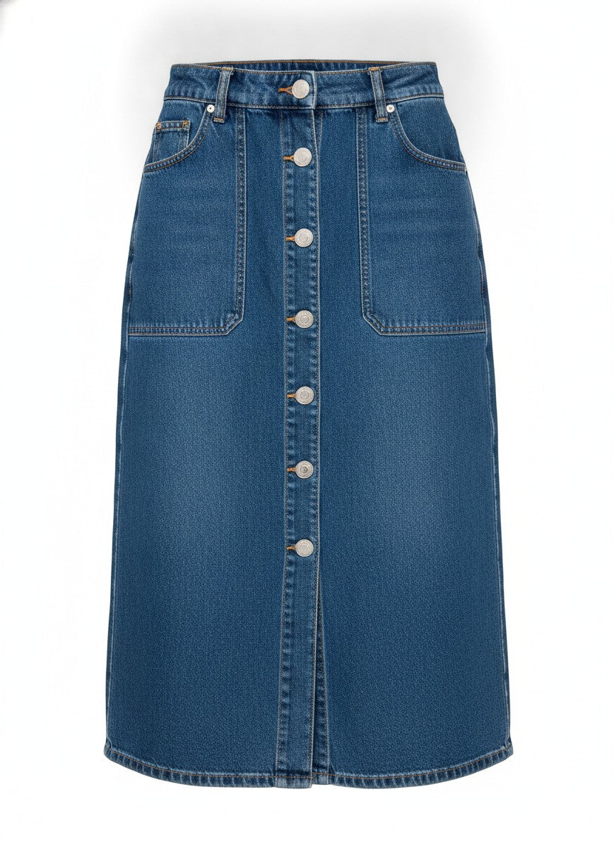 Women's Blue Denim Button Down Midi Skirt