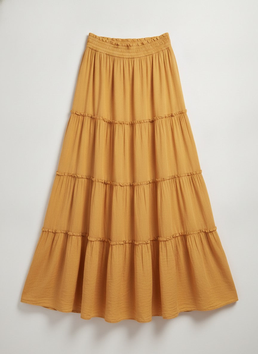 Women's Yellow Tiered Boho Maxi Skirt