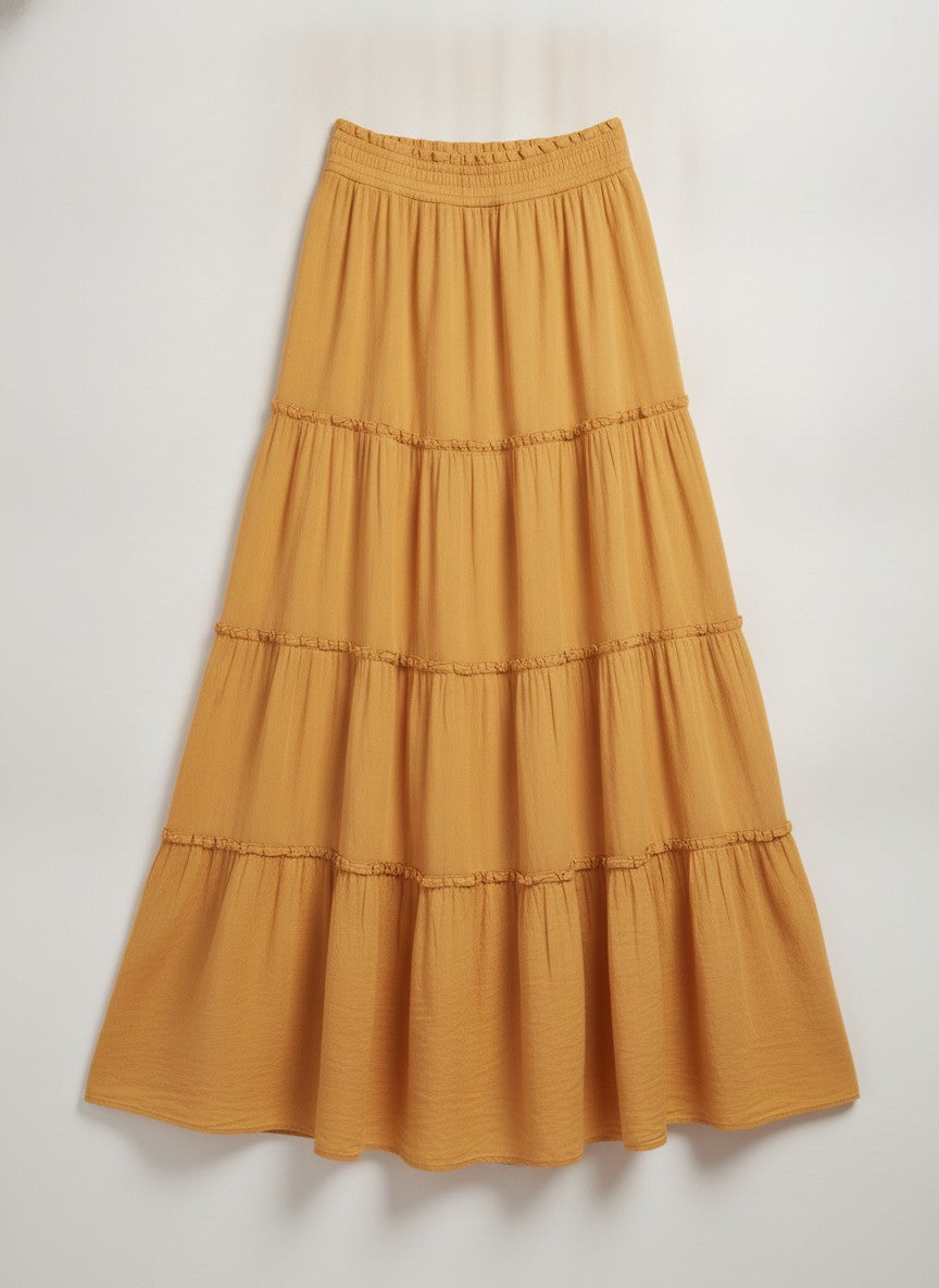 Women's Yellow Tiered Boho Maxi Skirt