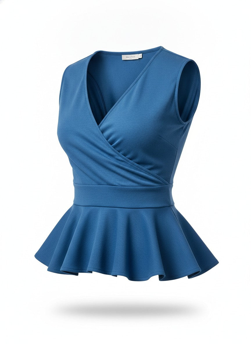 Women's Blue Peplum Wrap V Neck Top